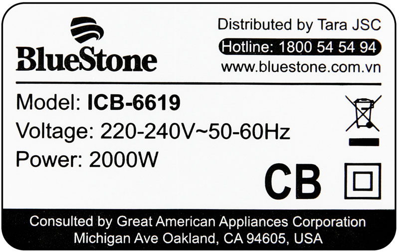 Công suất 2000 W - Bếp từ BlueStone ICB-6619