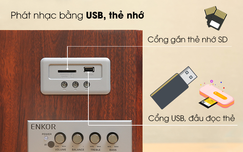 Phát nhạc qua thẻ nhớ, USB - Loa vi tính 2.1 Enkor S2850 Nâu