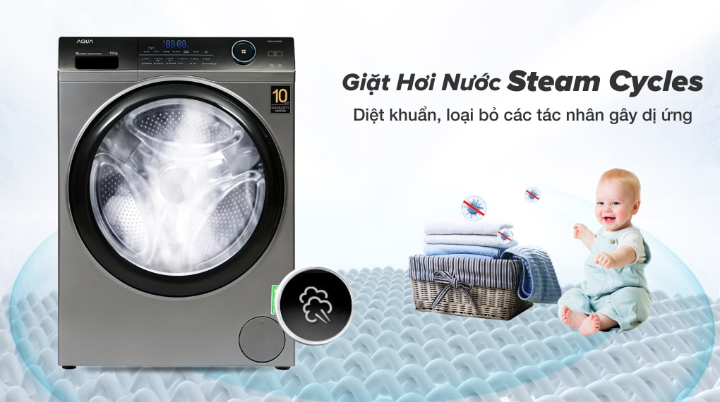 Máy giặt Aqua Inverter 10 KG AQD-A1000G S - Giặt hơi nước Steam Cycles