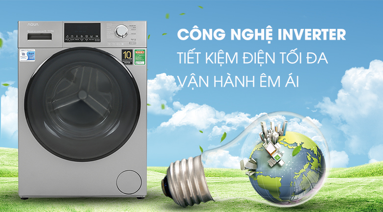 Máy giặt Aqua Inverter 10.5 KG AQD-D1050F.S-Tiết kiệm điện hiệu quả nhờ công nghệ Inverter