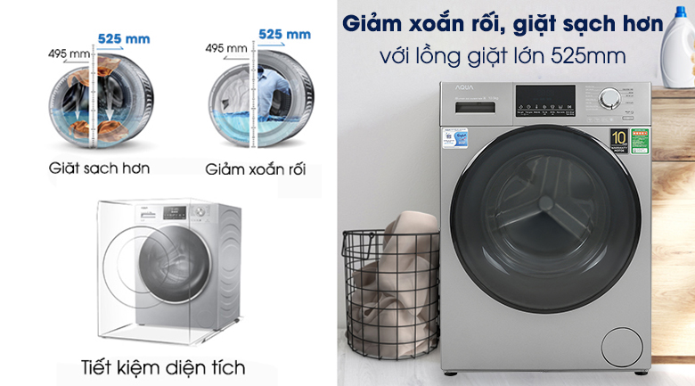 Máy giặt Aqua Inverter 10.5 KG AQD-D1050F.S-Giảm xoắn rối, dễ dàng làm sạch quần áo với lồng giặt lớn 525mm