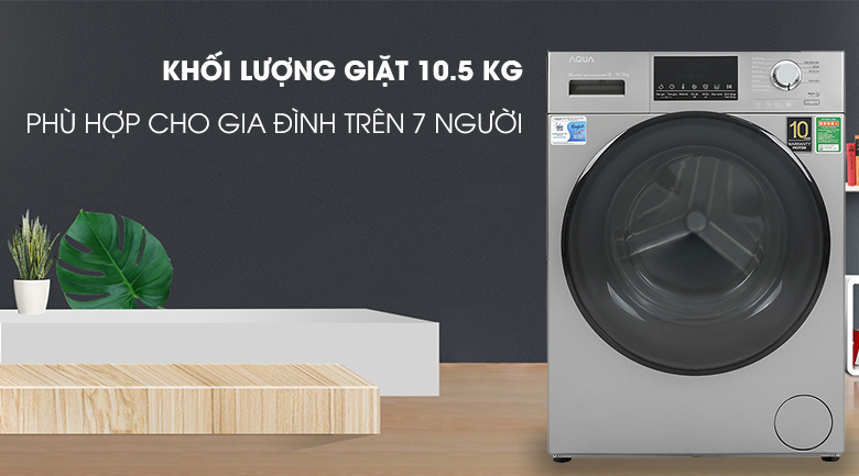 Máy giặt Aqua Inverter 10.5 KG AQD-D1050F.S-Khối lượng giặt 10.5kg, phù hợp gia đình trên 7 thành viên