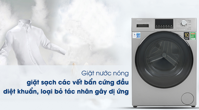 Máy giặt Aqua Inverter 10.5 KG AQD-D1050F.S-Loại bỏ tác nhân gây dị ứng, làm mềm quần áo với công nghệ giặt nước nóng