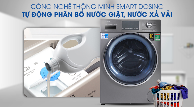 Máy giặt Aqua Inverter 10.5 KG AQD-DD1050E S - Smart Dosing tự động phân bổ nước giặt, nước xả