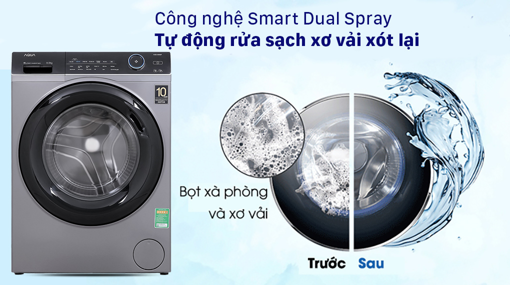 Máy giặt Aqua Inverter 9.0 KG AQD-A900F S - Công nghệ Smart Dual Spray hạn chế sơ vải cho lần giặt sau
