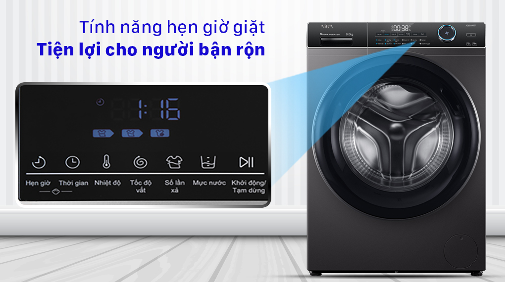 Máy giặt Aqua Inverter 9.0 KG AQD-A900F S - Tính năng hẹn giờ giặt tiện lợi cho người bận rộn