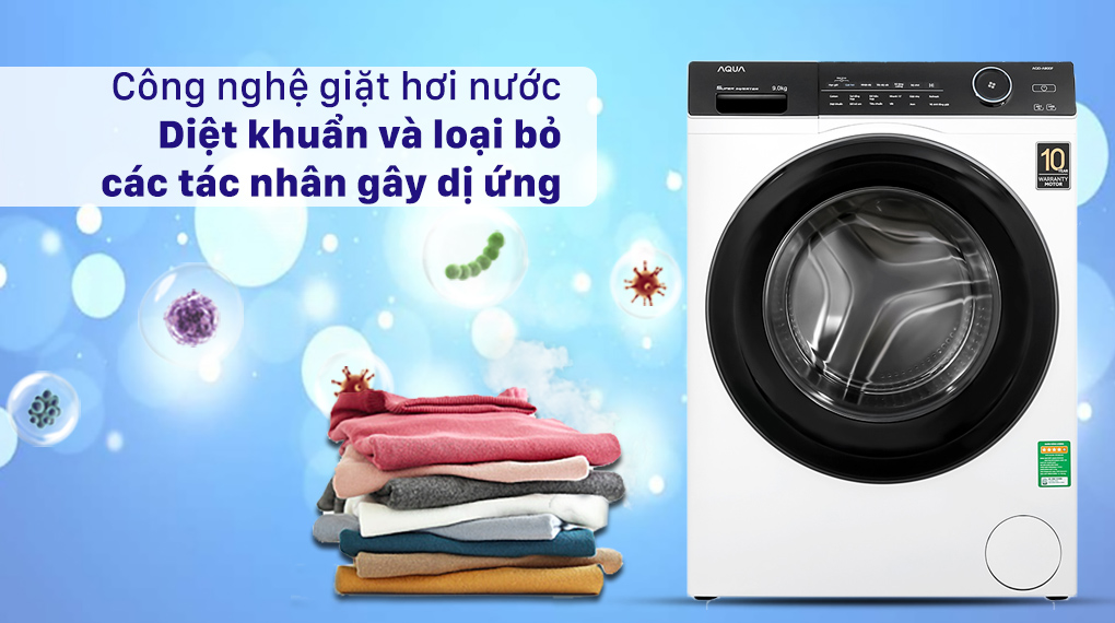 Máy giặt Aqua Inverter 9.0 KG AQD-A900F W - Công nghệ giặt hơi nước diệt khuẩn và loại bỏ các tác nhân gây dị ứng