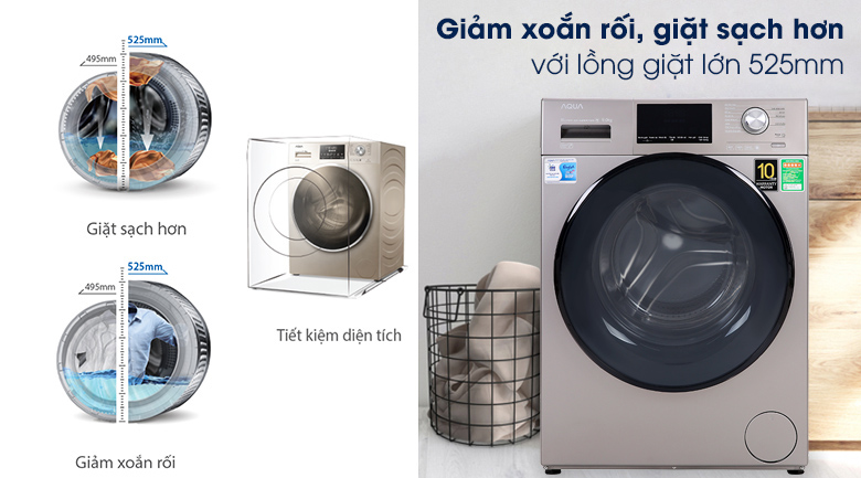 Máy giặt AQUA AQD-DD900F N trang bị lồng giặt kích thước 525mm tăng hiệu quả giặt sạch