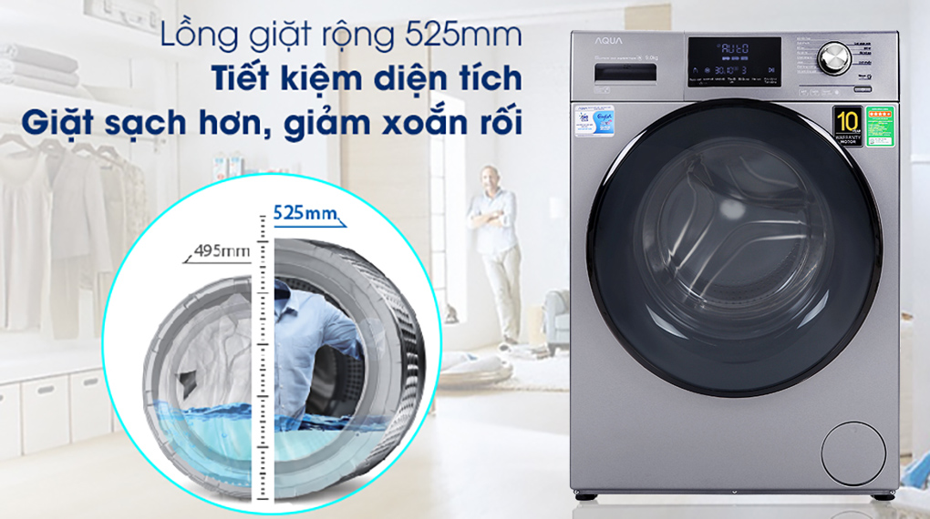 Máy giặt AQUA AQD-DD900F S trang bị lồng giặt rộng 525mm