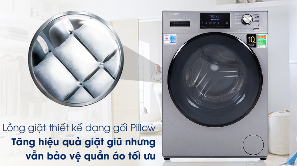 Máy giặt AQUA AQD-DD900F S có lồng giặt thiết kế dạng gối Pillow