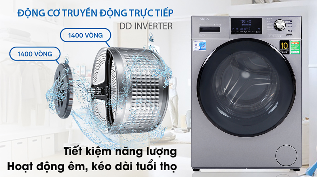 Máy giặt AQUA AQD-DD900F S sử dụng động cơ truyền động trực tiếp DD inverter