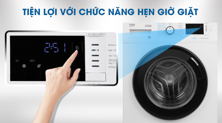 Máy giặt Beko Inverter 8 kg WCV8612XB0ST-Tiện lợi cùng tính năng hẹn giờ giặt xong