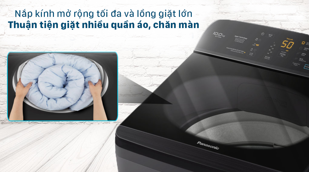 Máy giặt Panasonic 10 Kg NA-F100A9BRV - Nắp máy kính cường lực bền bỉ và lồng giặt cỡ lớn thuận tiện giặt đồ kích thước lớn