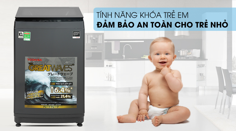 Máy giặt Toshiba Inverter 10,5 kg AW-DUK1150HV(MG) - Tránh sự nghịch phá trẻ nhỏ với chức năng khóa từ an toàn