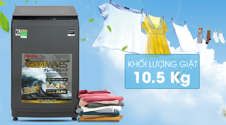 Máy giặt Toshiba Inverter 10,5 kg AW-DUK1150HV(MG) - Khối lượng giặt 10.5kg, phù hợp cho gia đình trên 7 người