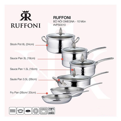 Ruffoni - Bộ Nồi Omegna - 10 Món (1.5L; 3L; 3.5L; 6L; 20cm; 26cm)