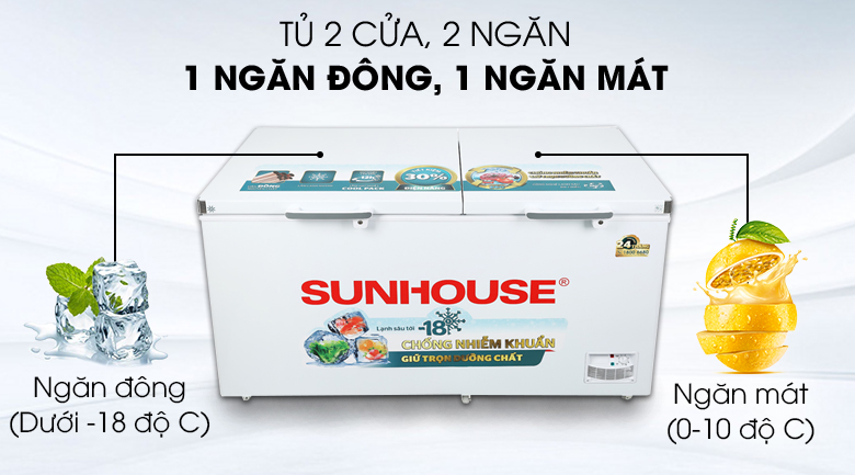 Tủ đông Sunhouse 490 lít SHR-F2572W2 - Thiết kế 2 ngăn